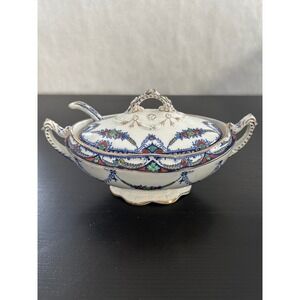 Barker Bros Merton Gravy Boat Sauce Dish Ladle Lid Blue Floral Gold Trim